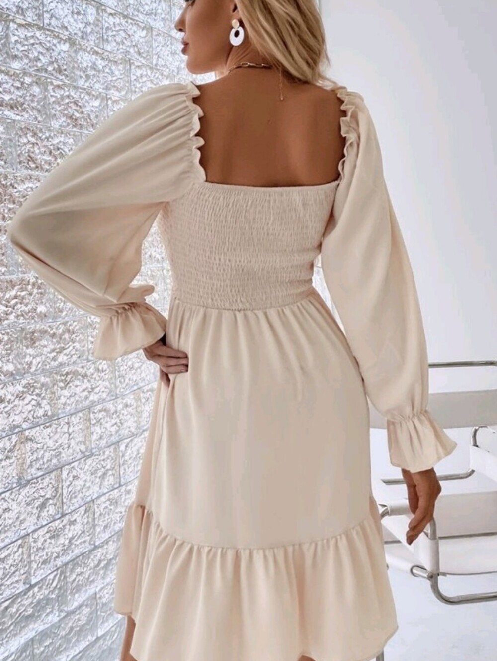 Cream Smocked Square-Neck Mini Dress with Puff Sleeves - Picture 2 of 6